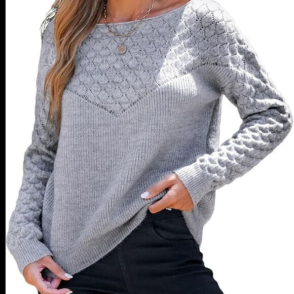 Cupshe Gray Crew Neck Sweater with Textured Pattern - Picture 1 of 5